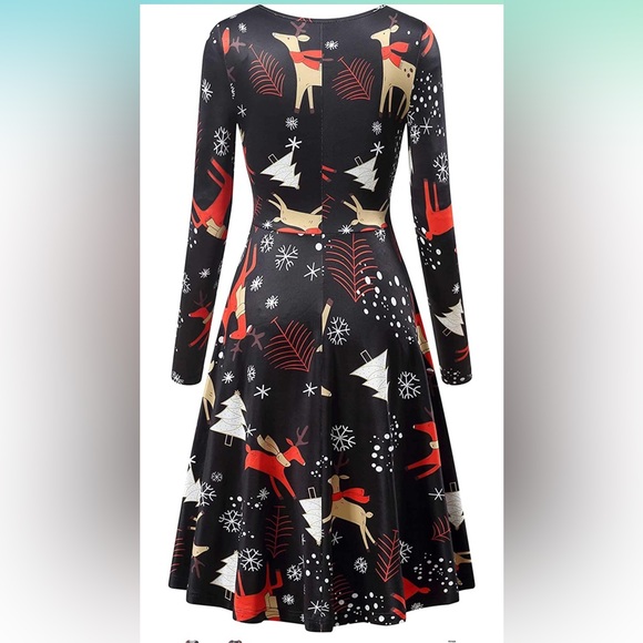 KIRA Women's Christmas Scoop-Neck Graphic Long-Sleeve Fit and Flare Dress Black - Picture 2 of 9